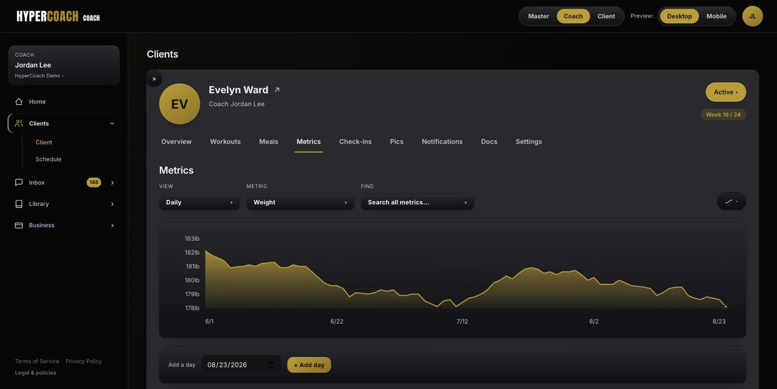 HyperCoach client metrics showing a weight trend flattening out