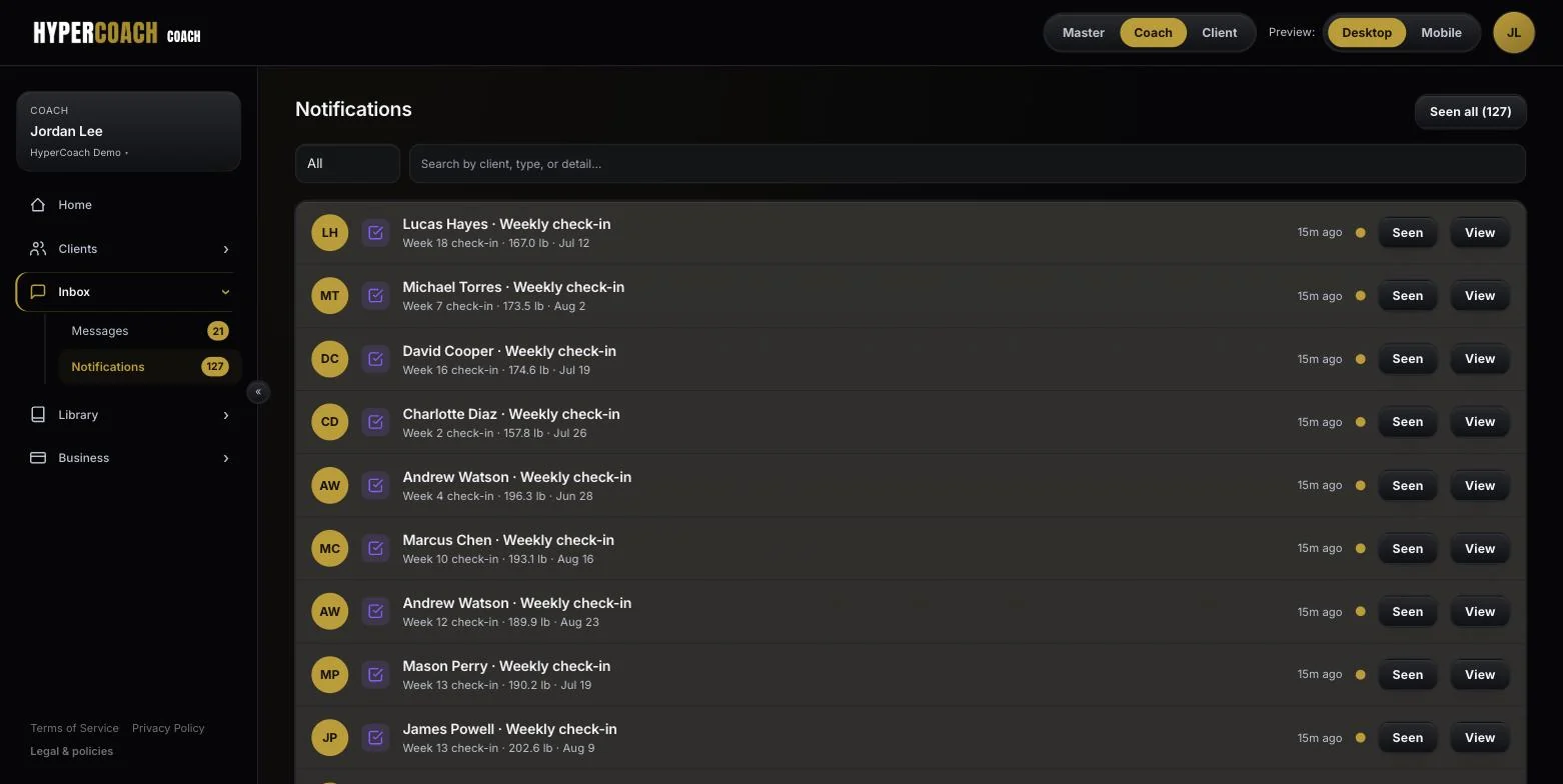 HyperCoach notification feed of client check-ins