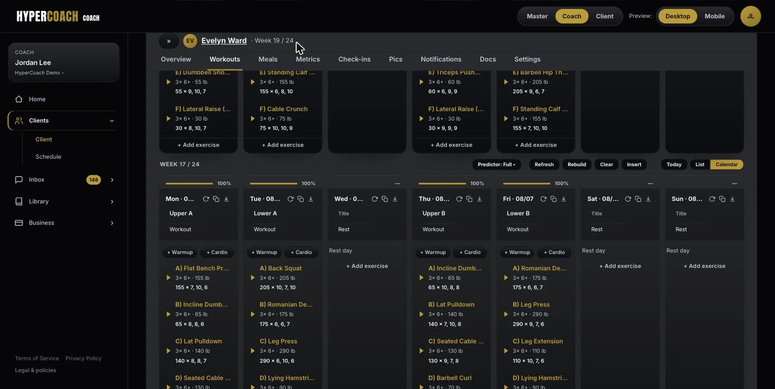 HyperCoach weekly workout builder showing next week already prescribed from logged sets